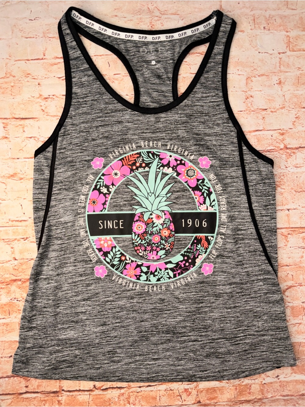 Virginia Beach Gray Heathered Racerback Tank Top Colorful Pineapple Printed logo